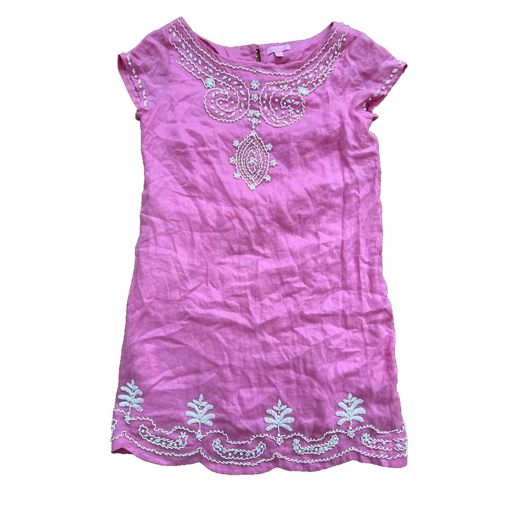 Lilly Pulitzer Dress Womens Pink Linen Beaded Dress Casual Coastal 6 A000916